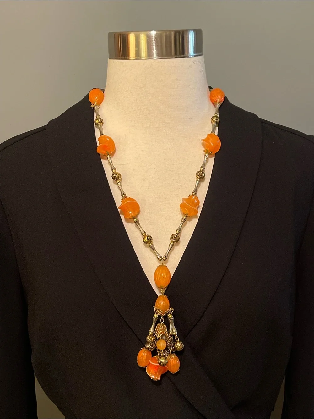 VTG‎ 1970s Orange Lucite & Brass Beaded Tassel Y Necklace Boho Statement Piece